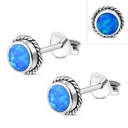 Synthetic Opal Round Stud Silver Earrings - e369